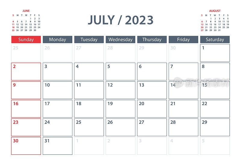 2023 July Calendar Planner Vector模板。一周从周日开始